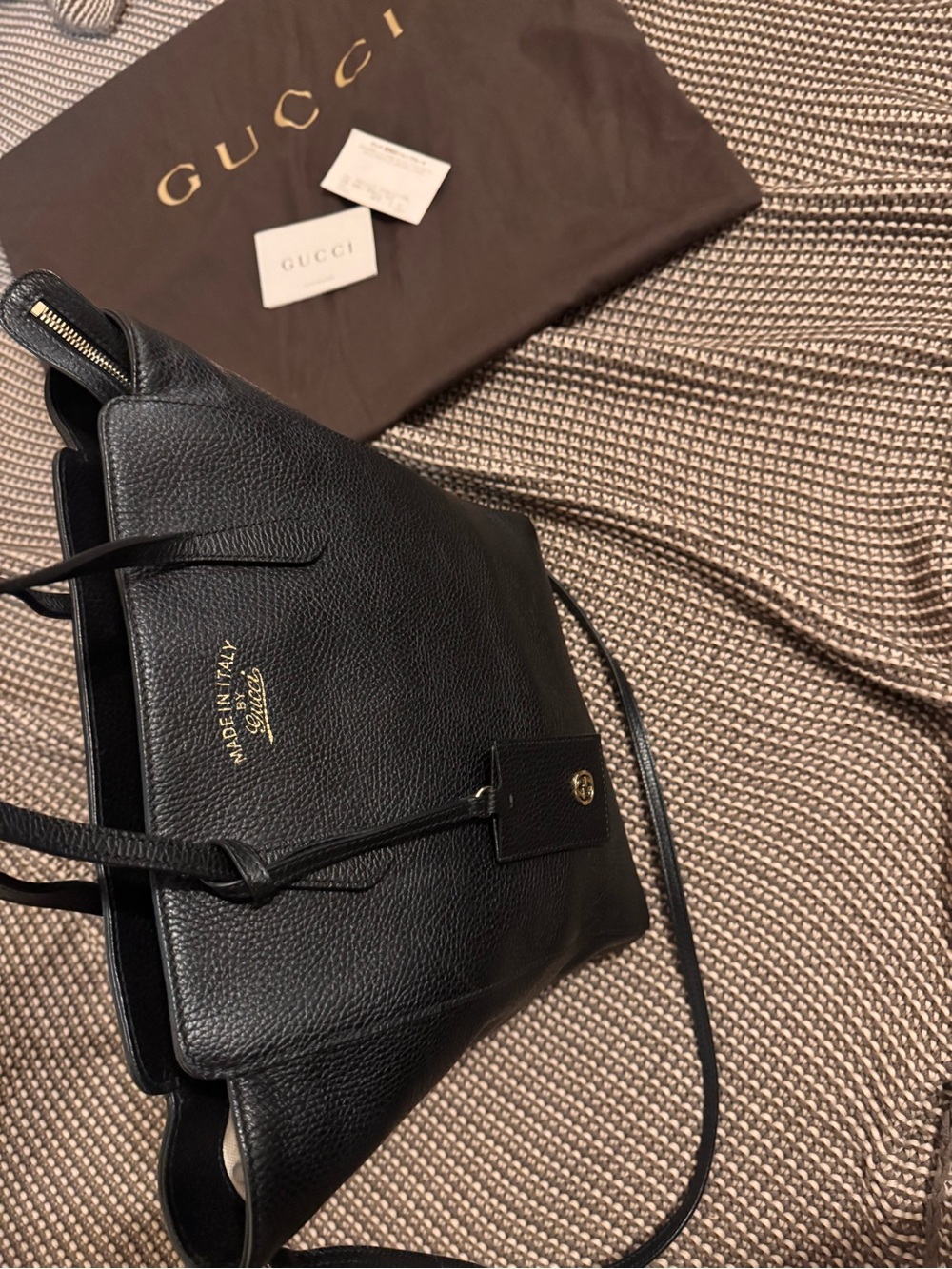 Gucci Black Pebbled Leather Shoulder Bag with Gold Foil Logo